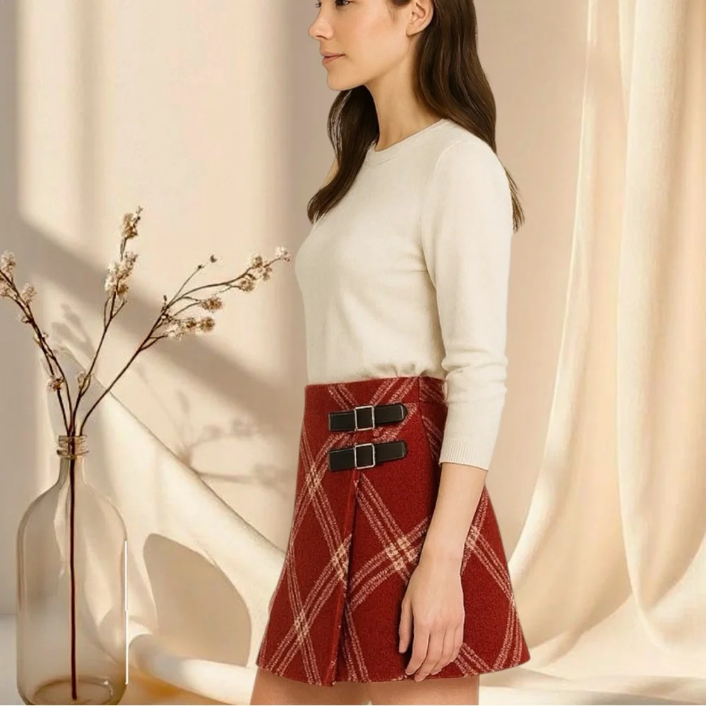 Red Plaid Wool Mini Skirt Wrap Style with Buckle Straps | Preppy Winter Skirt